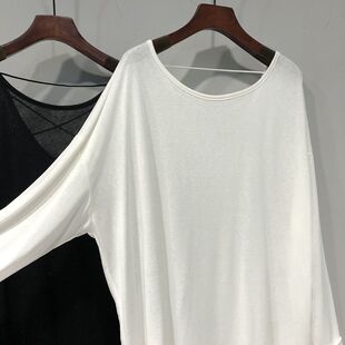 心机上衣辣妹微胖遮肉宽松百搭罩衫 纯色露背长袖 t恤胖mm300斤大码