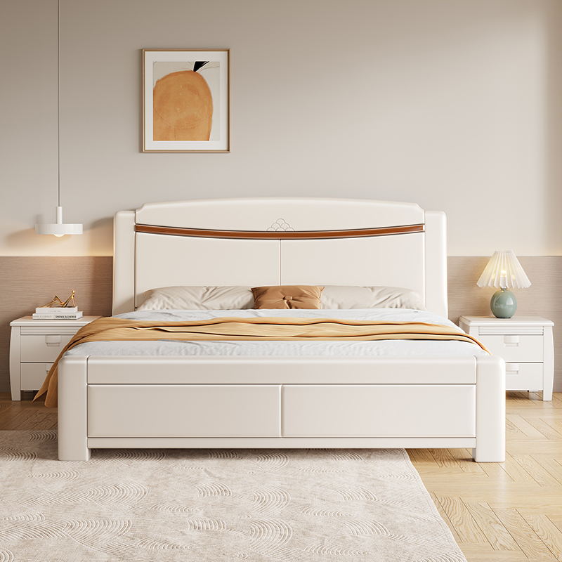 白色实木床1.8米主卧双人床1.5中式橡木床经济型储物婚床
