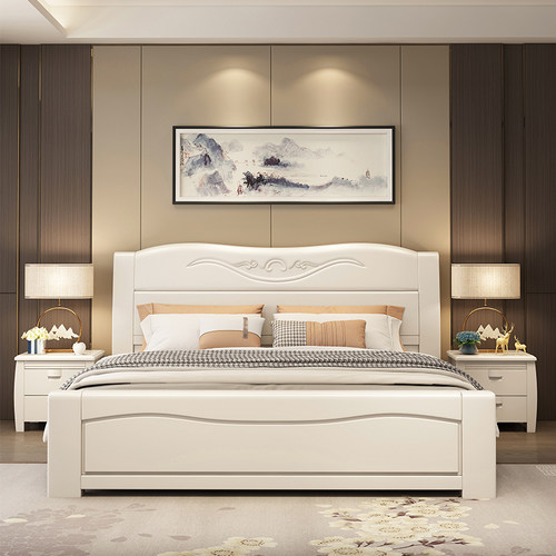 床中式主卧高端大气双人床高箱储物经济型民宿白色实木床