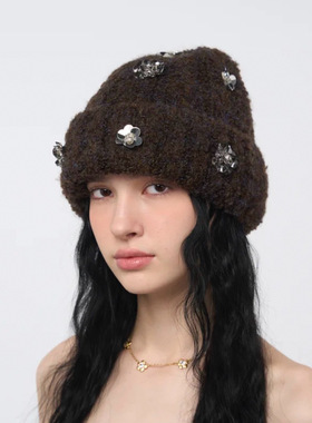 blingkolio棕色钩针小花针织帽【安悦溪同款】