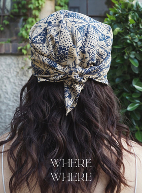 WhereWhere原创印尼手工蜡染布方巾头巾方巾-补丁系列-土蓝色