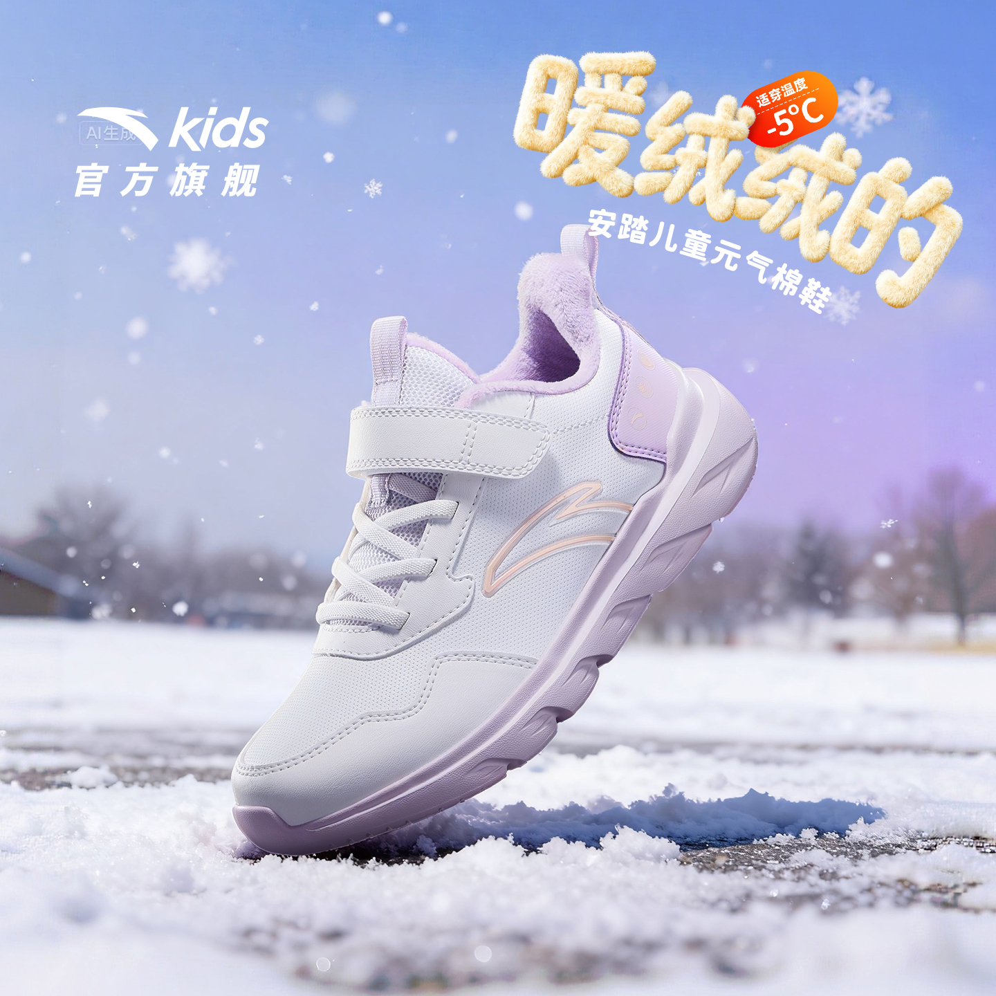 安踏女童鞋跑鞋2025秋冬季新款皮面加绒鞋子官方旗舰店儿童运动鞋