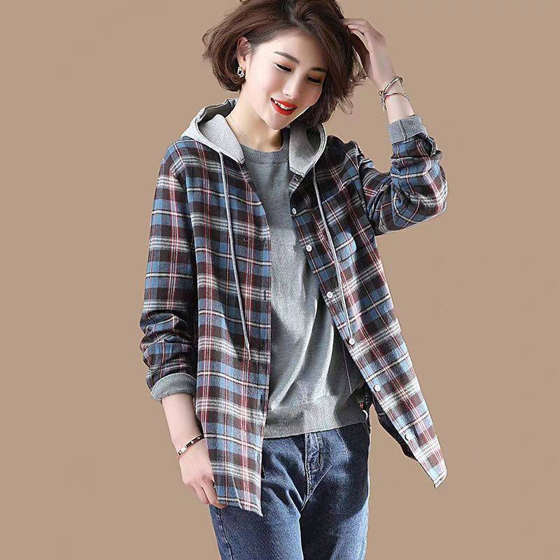 高货连帽格子衬衫中长款拼接棉衬衣2024款外穿轻薄外套女