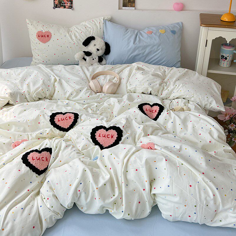 速发简约少爱心毛宿绣纯套水洗棉床上四件色巾舍学生三件套4