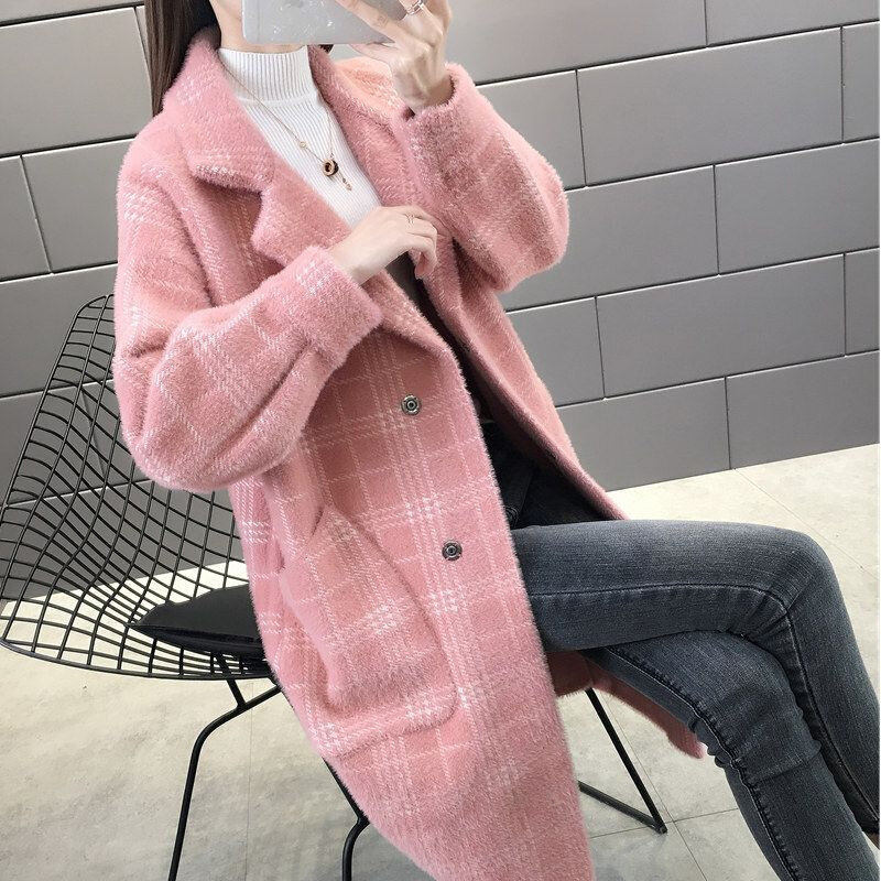 高货网红时尚秋季春秋韩版宽松口袋格子大衣女中长款毛衣水貂绒女