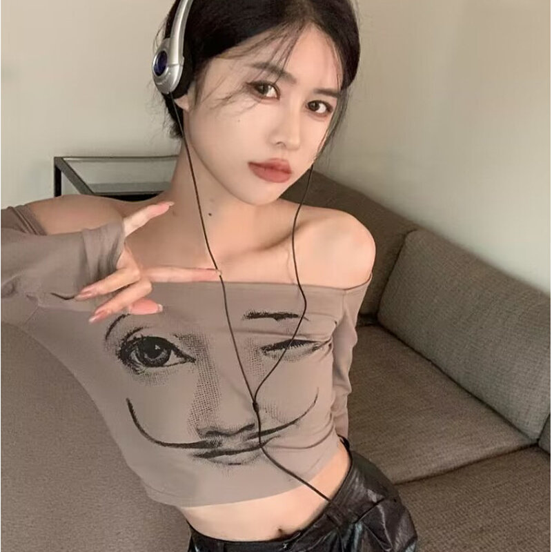 高货春秋性感纯欲一字领长袖辣妹露肩修身显瘦短款打底t恤女上衣