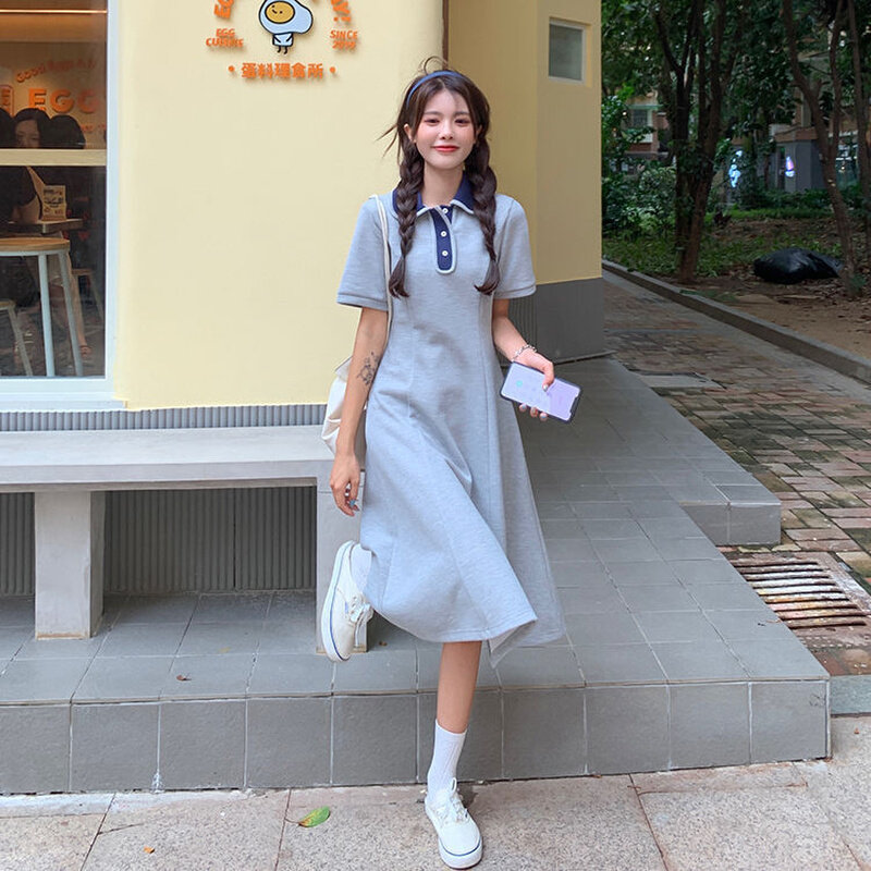 高货新款学院风减龄百搭polo领短袖连衣裙女装胖MM收腰显瘦学生中