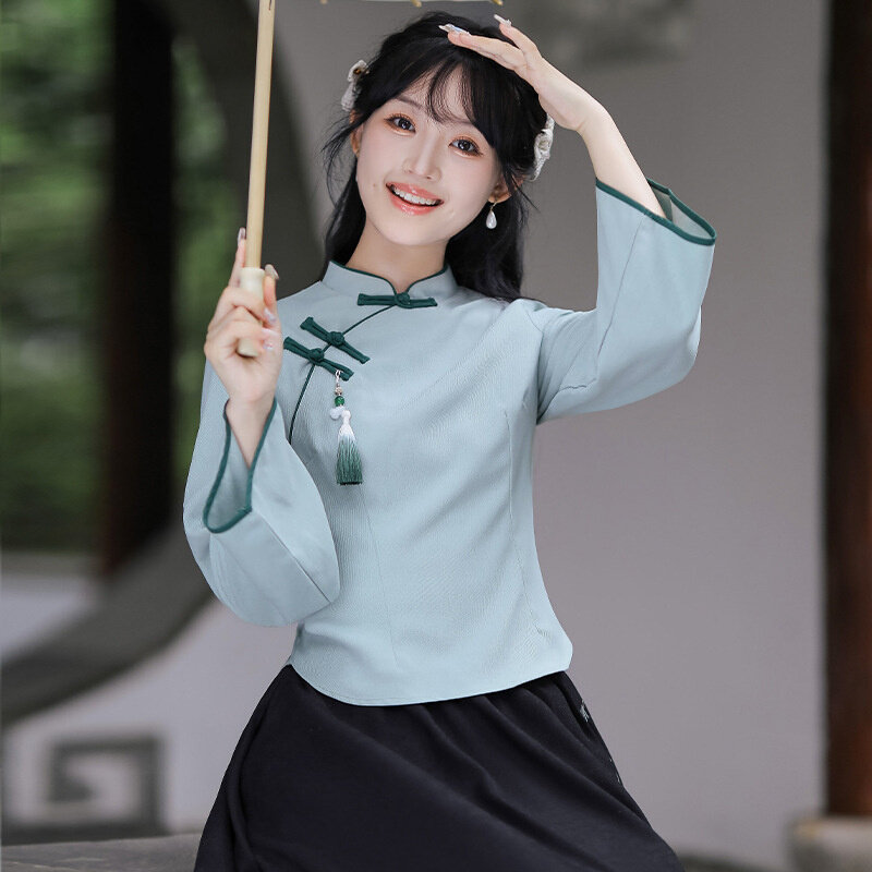高货2024年新款复古学生旗袍套装女装斜襟盘扣年轻版茶服两件套唐