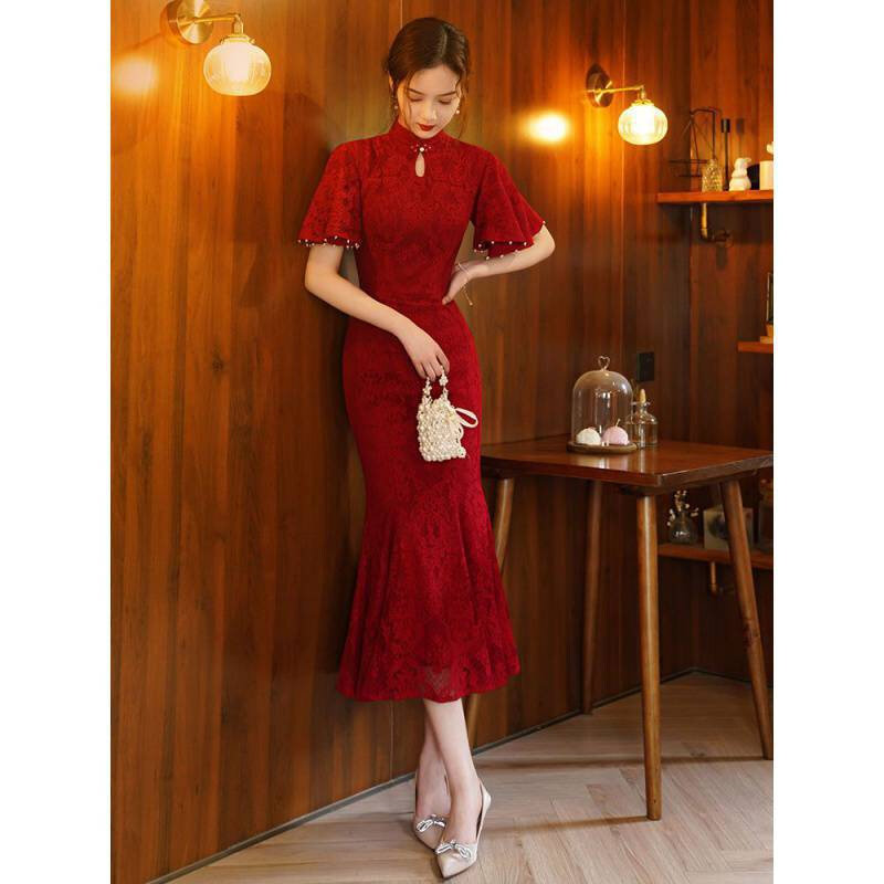 高货出嫁旗袍敬酒服晚礼服改良年轻红色订婚连衣裙新娘新款鱼尾包