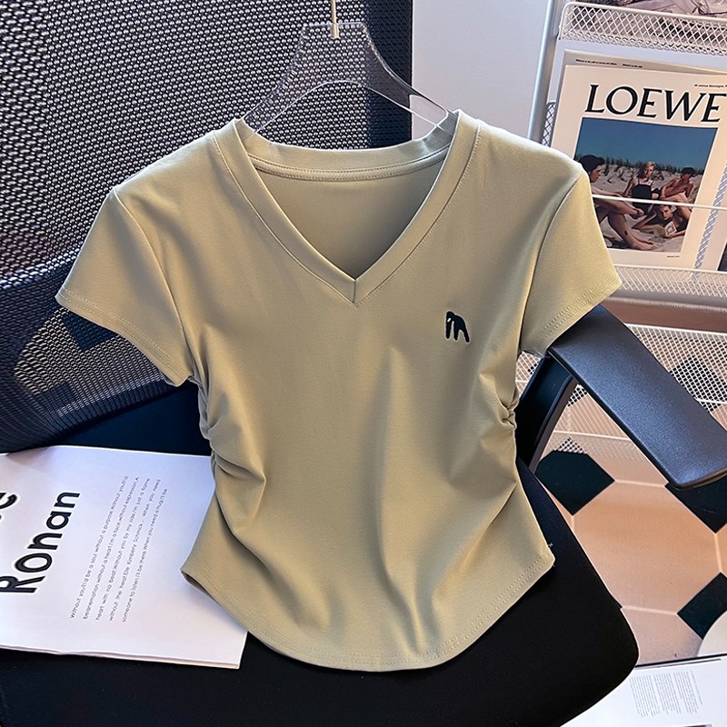 速发上减感v领t恤夏装抽绳短款计龄刺绣半袖设衣服图片