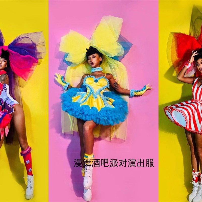 速发彩舞酒吧夜店蓬吧圣诞漫色蝴蝶结连体酒蓬裙派对气舞蹈演出服