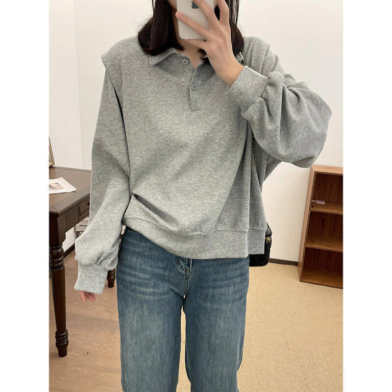 高货莉之绮复古翻领套头卫衣春装新款宽松显瘦设计感长袖上衣女23