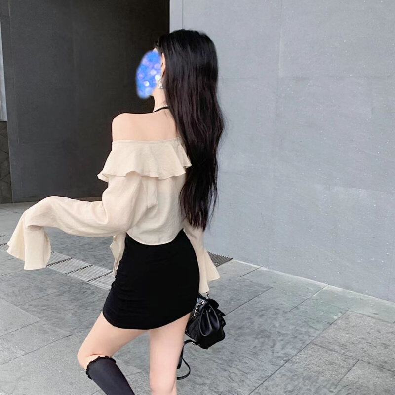 高货2024时尚纯欲套装女春秋季荷叶边开衫气质辣妹挂脖包臀裙两件
