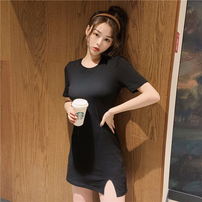 高货2024夏季新款开叉包臀短袖t恤女打底收腰显瘦中长款连衣裙子
