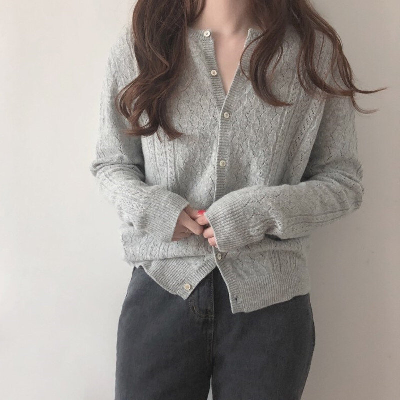 高货韩版秋装圆领镂空针织开衫女短款宽松长袖外搭薄款打底毛衣外