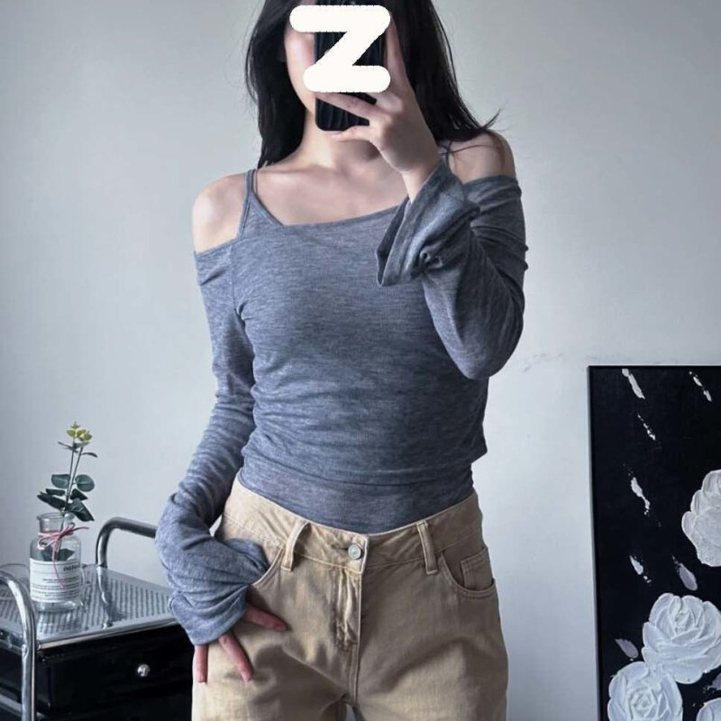 高货辣妹一字肩设计感别到收腰罩衫吊带长袖衫t恤女修身打底衫女
