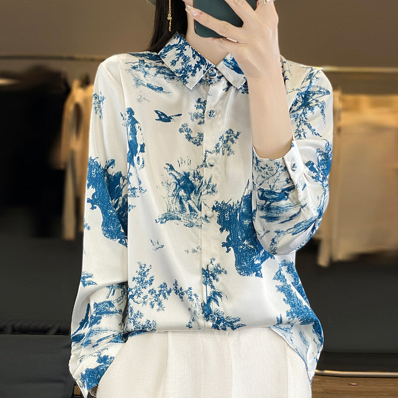 高货设计感法式甜美雪纺衫上衣春季新款POLO领印花缎面衬衫气质衬