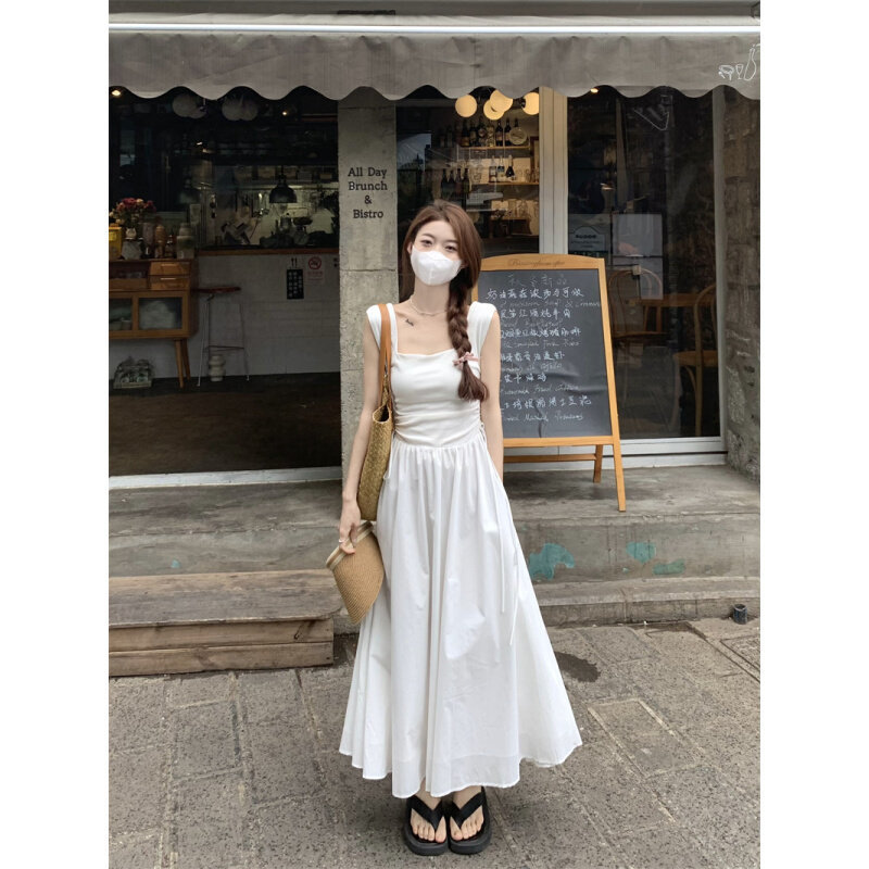 高货法式白色方领吊带背心连衣裙女夏季气质感收腰褶皱无袖长裙子