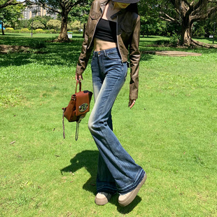 速发复古蓝裤秋喇牛仔裤高款春微新腰美式vibe直筒马蹄裤子