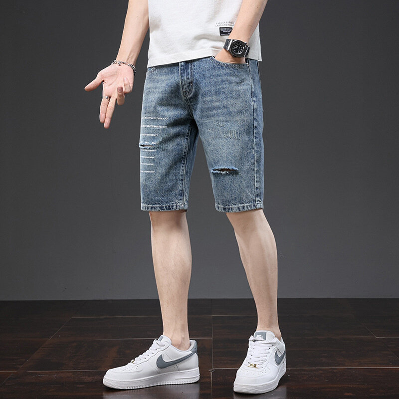高货男士夏季牛仔短裤夏季新款外穿五分裤学生休闲韩版破洞牛仔裤