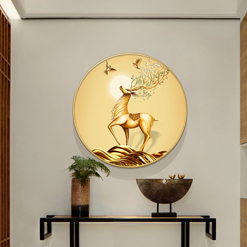 速发新中式麋鹿玄关装饰画圆形挂画餐厅轻奢福禄双全客厅壁画图片