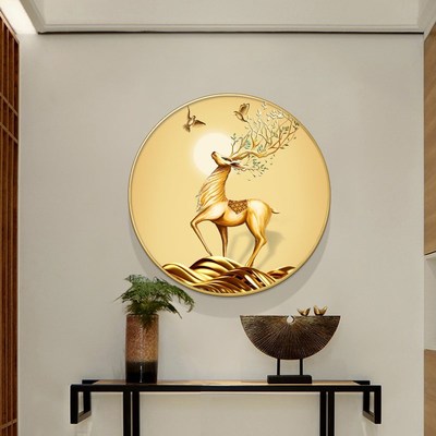 速发新中式麋鹿玄关装饰画圆形挂画餐厅轻奢福禄双全客厅壁画