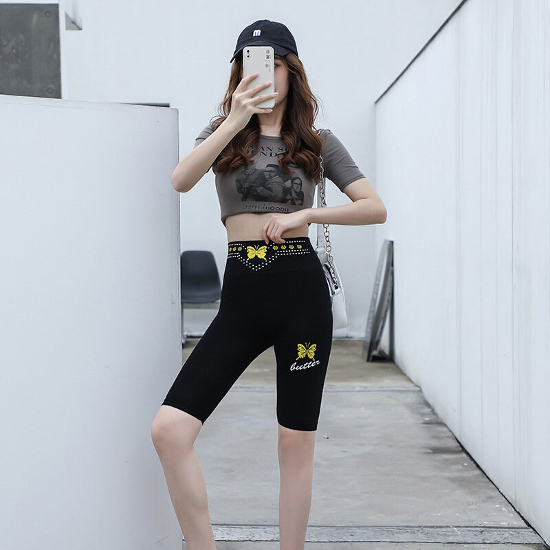 高货夏季紧身裤户外高腰五分裤女修身印花无痕打底裤提臀显瘦女生