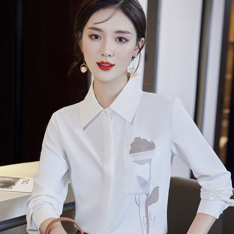 高货2024秋装新款常规方领印花雪纺白衬衣长袖修身显瘦OL女装衬衫