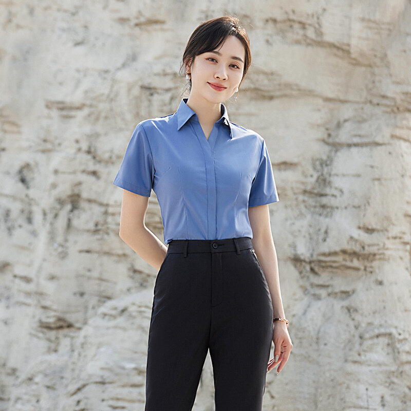 高货新款V领职业装衬衫女短袖工作服夏季修身免烫抗皱衬衣刺绣印L