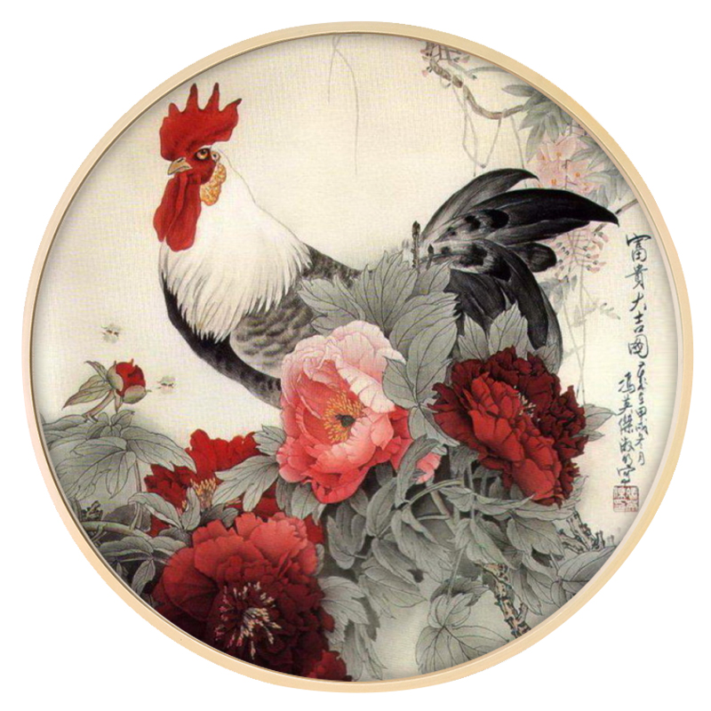 现货速发新中式装饰画雄鸡图大报晓国画花鸟圆形玄关走廊挂画图片
