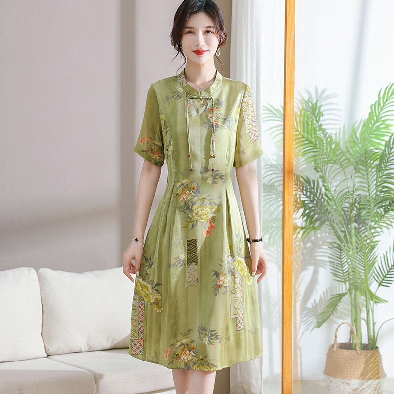 高货时尚女装妈妈新款衣服气质显瘦婆婆装长裙连衣裙中年短袖夏装