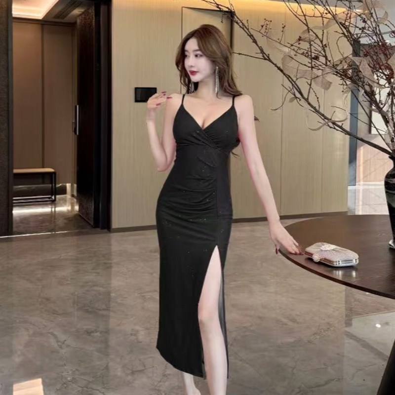 速发性感网纱V领低胸高开衩长款师带连吊裙夜场店足浴技衣佳丽工