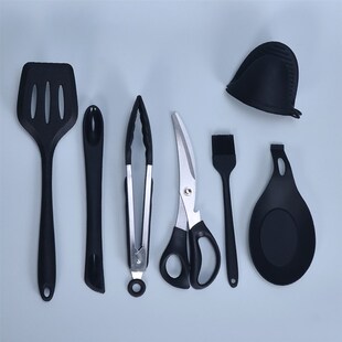 速发物外露营野炊烧烤工具8件套装硅胶煎铲食户夹油肉剪烤刷硅胶