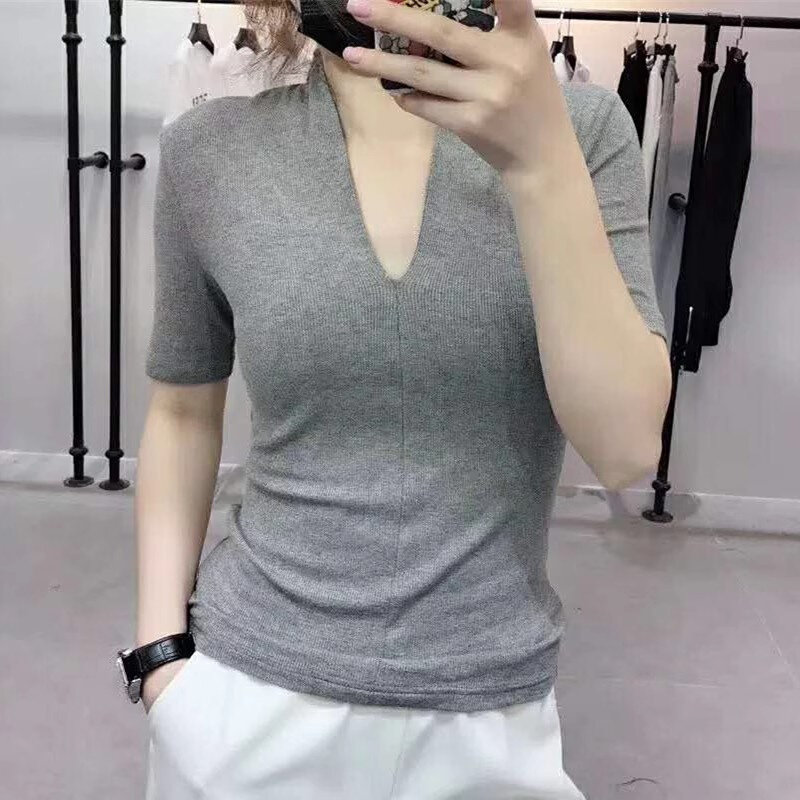 高货欧洲女装站2024新款欧货时尚洋气V领性感修身上衣短袖T恤女潮