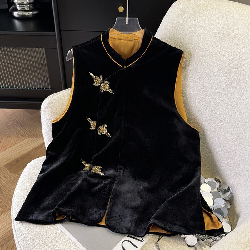 速发真丝丝绒新中式马甲款高端中国风无外上衣心夹袖搭黑色背马外