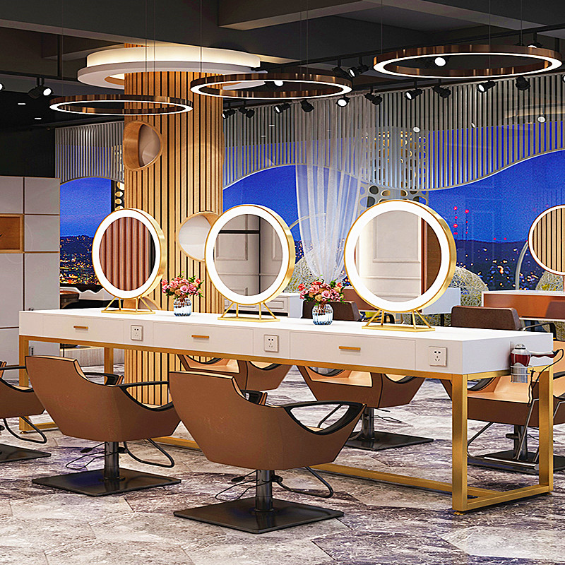 速发影楼化发台理发店镜台妆廊美发带灯单双面镜子简约烫染桌