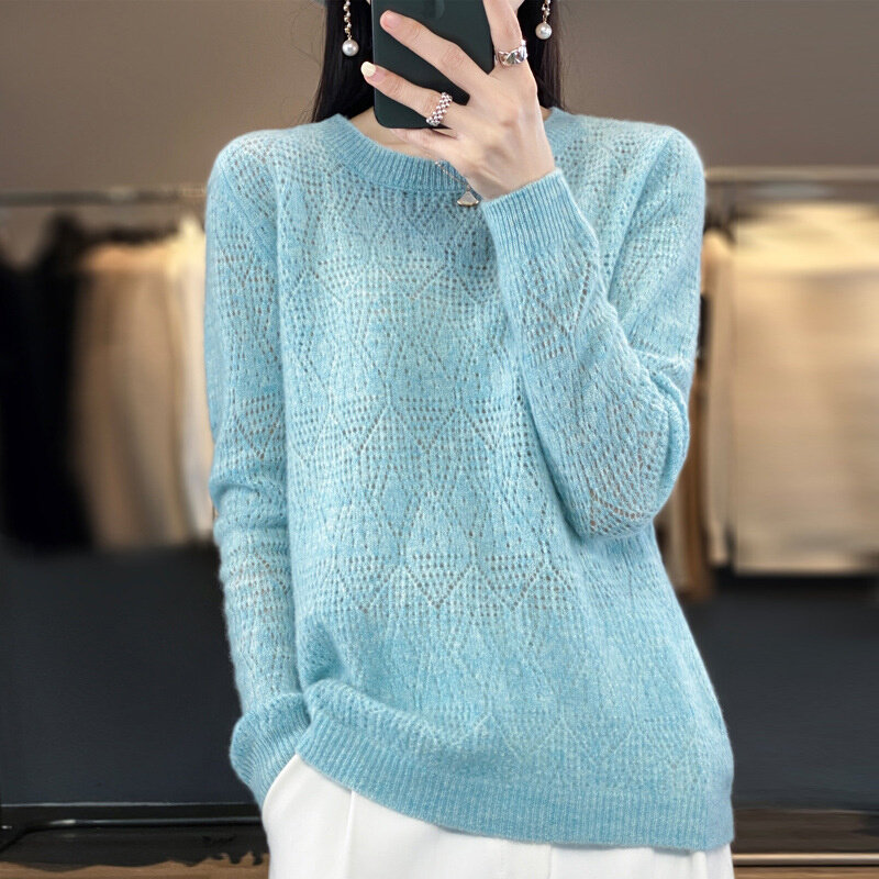 高货2024年春新款100%纯羊毛衫女针织打底衫圆领毛衣薄款套头镂空