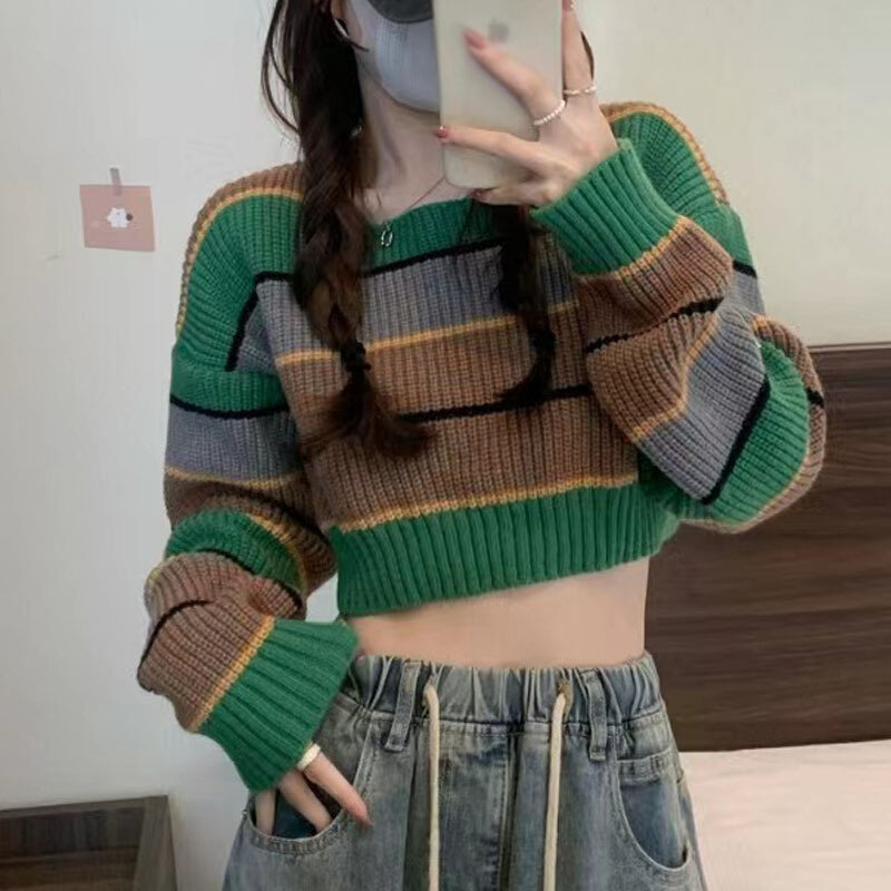 高货欧美短款慵懒风拼色条纹毛衣秋季2024新款辣妹套头撞色针织上
