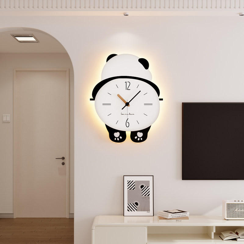 速发新款熊猫挂钟关厅装饰画高档客厅沙发电视背景墙挂画钟表玄餐