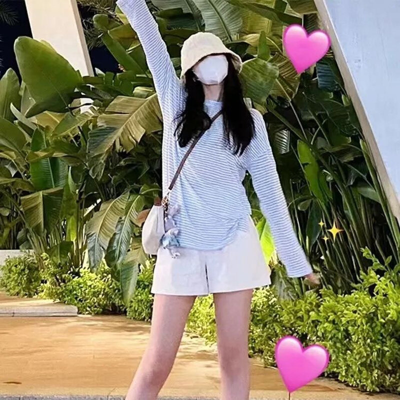 高货早秋季蓝色条纹长袖t恤女秋季薄款学生韩版宽松圆领新款上衣i