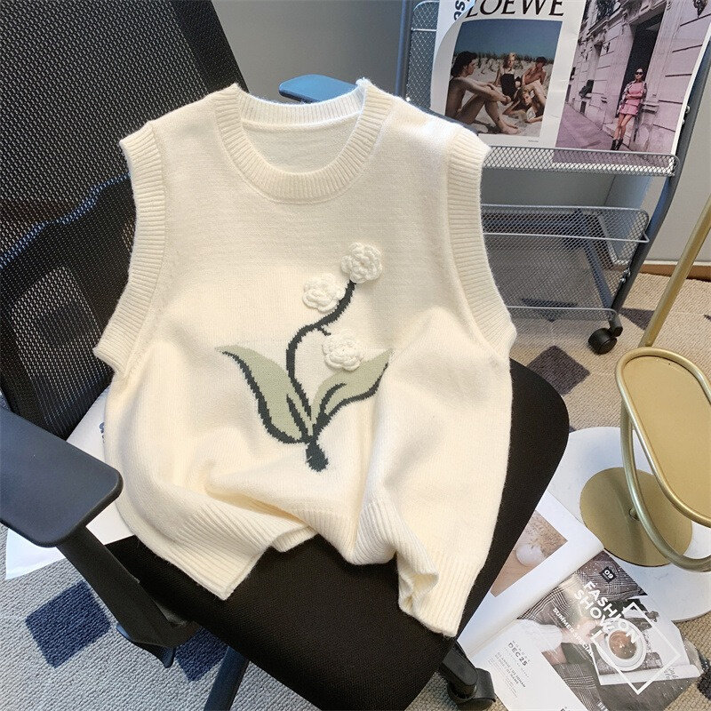 高货设计感立体花朵针织马甲女外穿短款坎肩背心早春韩版无袖上衣