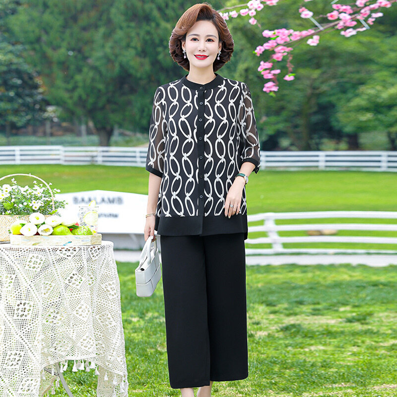 高货胖妈妈夏装套装女2024新款中老年夏季雪纺衬衫大码上衣洋气两