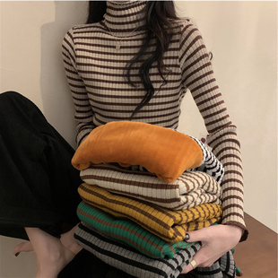 速发加绒加厚条纹打底针织衫20搭秋冬新款洋气百2高领毛衣内搭上