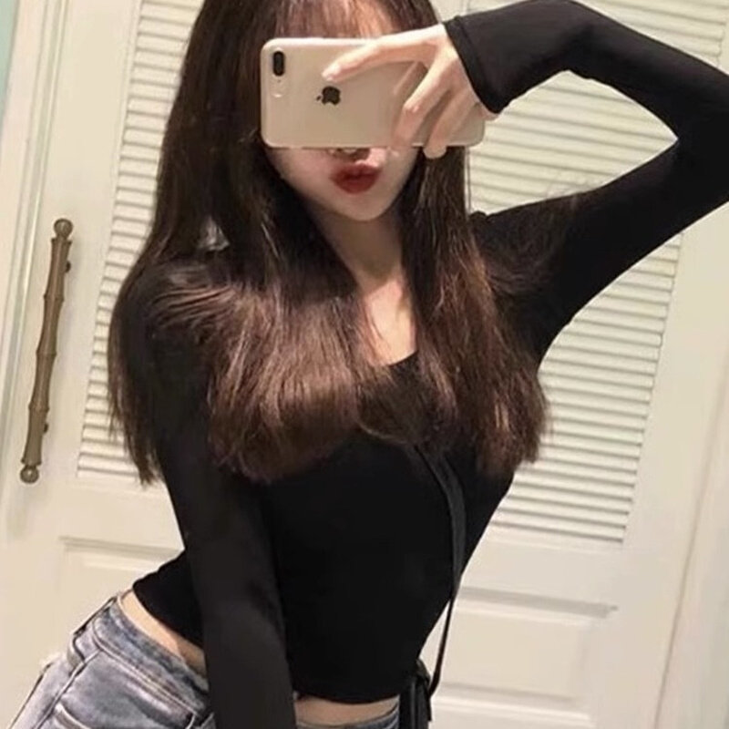 高货黑色短款低领打底衫女内搭早秋秋季长袖t恤紧身短款上衣2024