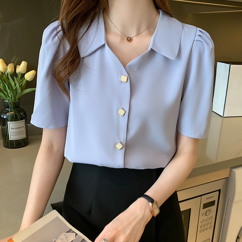 高货2024短袖衬衫女设计感小众轻熟新款夏季宽松百搭法式v领雪纺