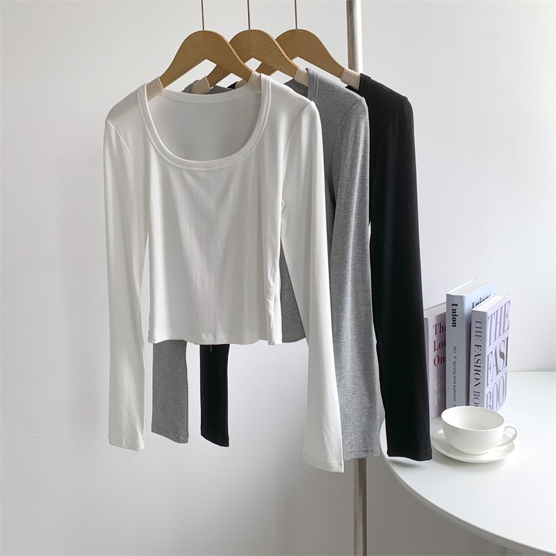 速发纯欲风长袖舞领短功打底衫美式高腰气质上衣U蹈练款服