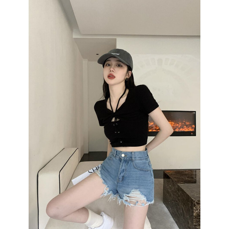 高货黑色辣妹绑带挂脖镂空t恤女夏季新款显瘦修身性感套头ins短袖