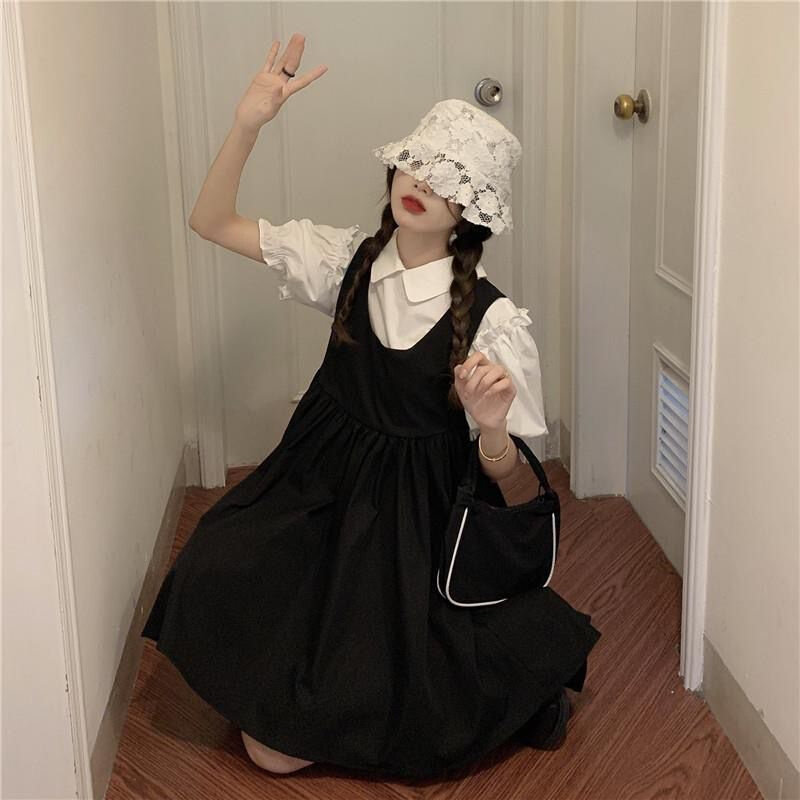 高货两件套裙子女装夏季新款设计感泡泡袖小众衬衫+背带A字裙学生