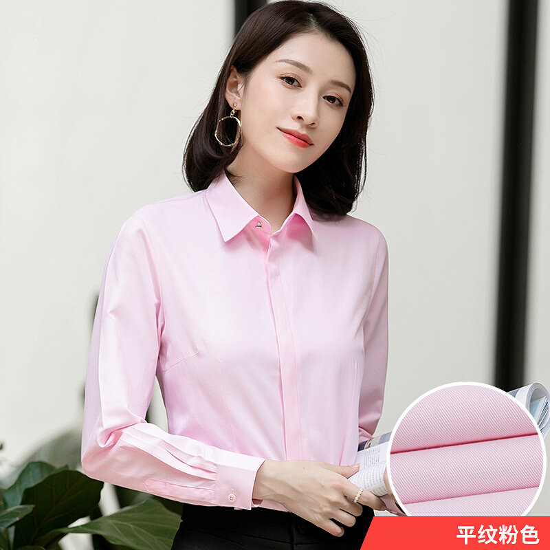 高货2024新款女士职业平纹白衬衫女长袖方领暗门襟OL商务女工作服
