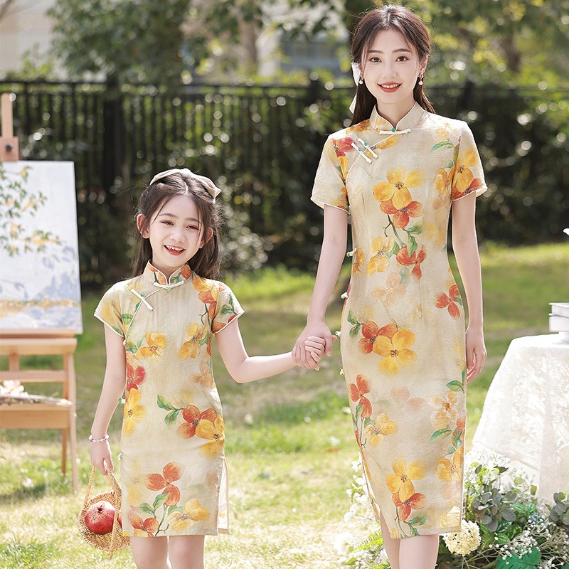 速发亲子装母汉服夏款中国风族民旗袍2连2新款高级感改良唐装0衣